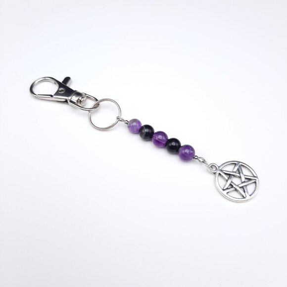 Pentacle Pentagram Wiccan Witch Purple Black Goth Keychain Handmade Accessory - Picture 3 of 7
